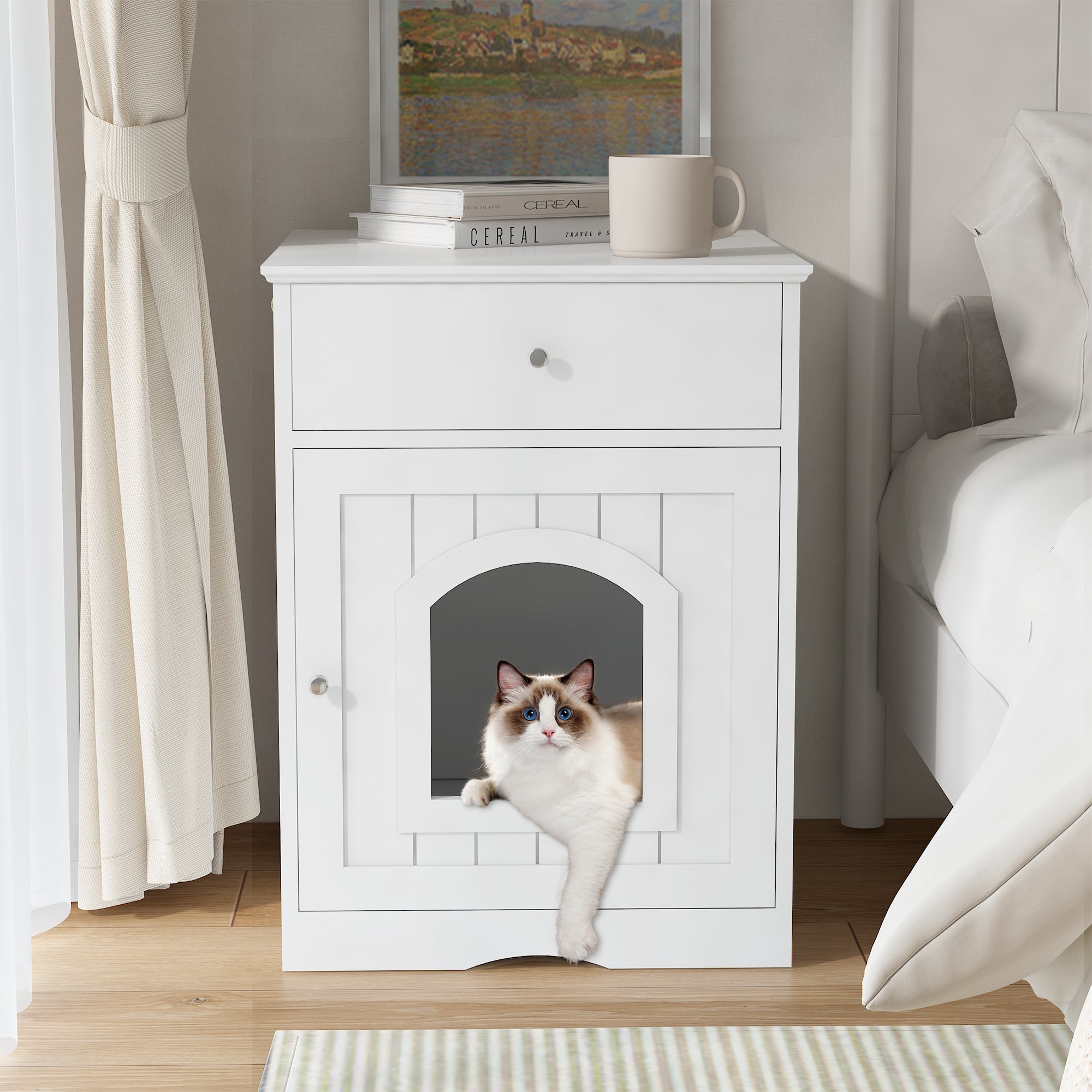 Wooden Pet House Litter Box Fence with Drawers