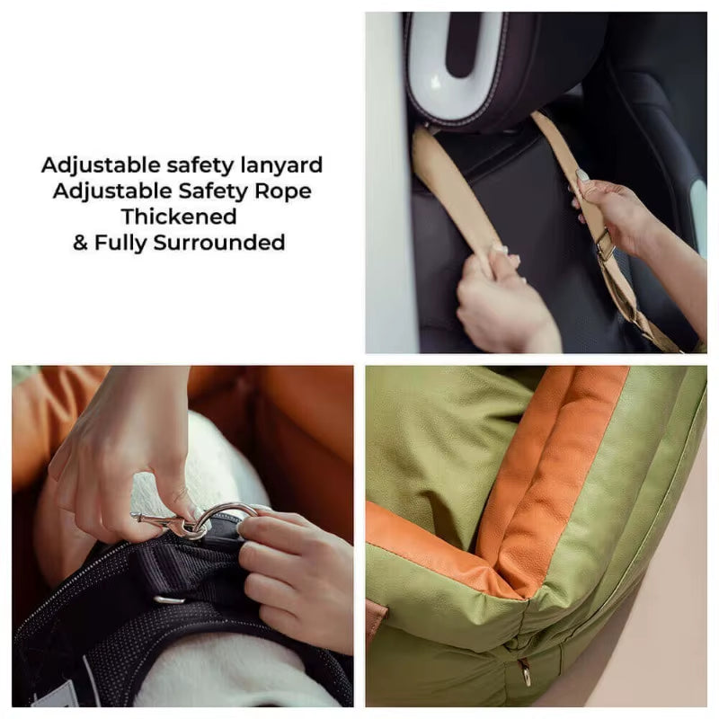 Travel Safety Bolster Vintage Denim Patchwork Dog Pet Car Seat Bed with Safety Buckle No-Slip Bottom Adjustable Safety Lanyard