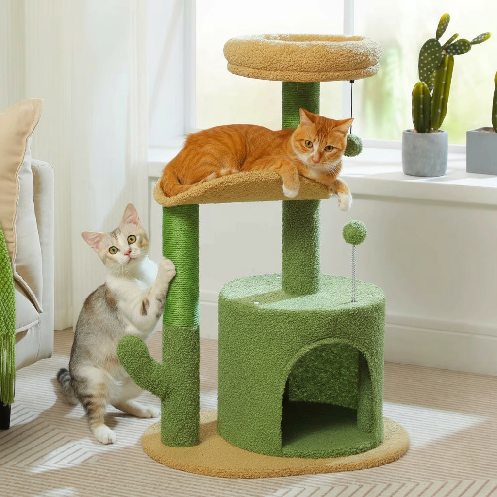 Cactus Cat Tree with Curved Perch Cozy Cat Condo Small Cat Tower with Removable Top Bed Cat Scratching Post for Indoor Cat Toys