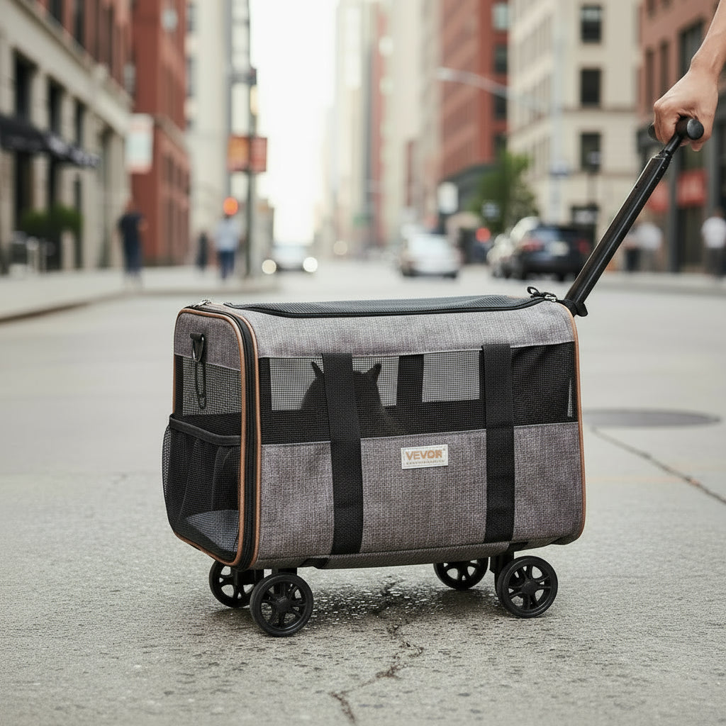 VEVOR Cat Carrier with Wheels, Airline Approved Rolling Pet Carrier with Telescopic Handle and Shoulder Strap, Dog Carrier with Wheels for Pets under 22 Lbs, with 1 Folding Bowl, Grey