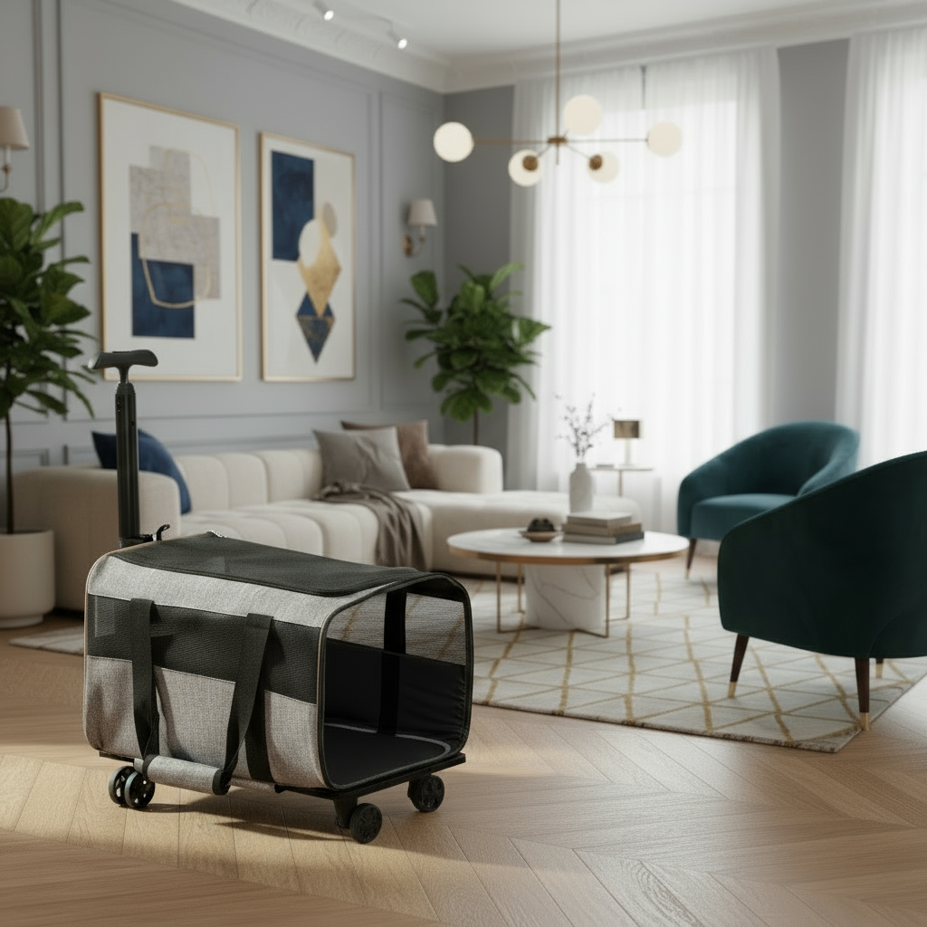 Cat Carrier with Wheels, Airline Approved with Telescopic Handle and 1 Folding Bowl, Grey