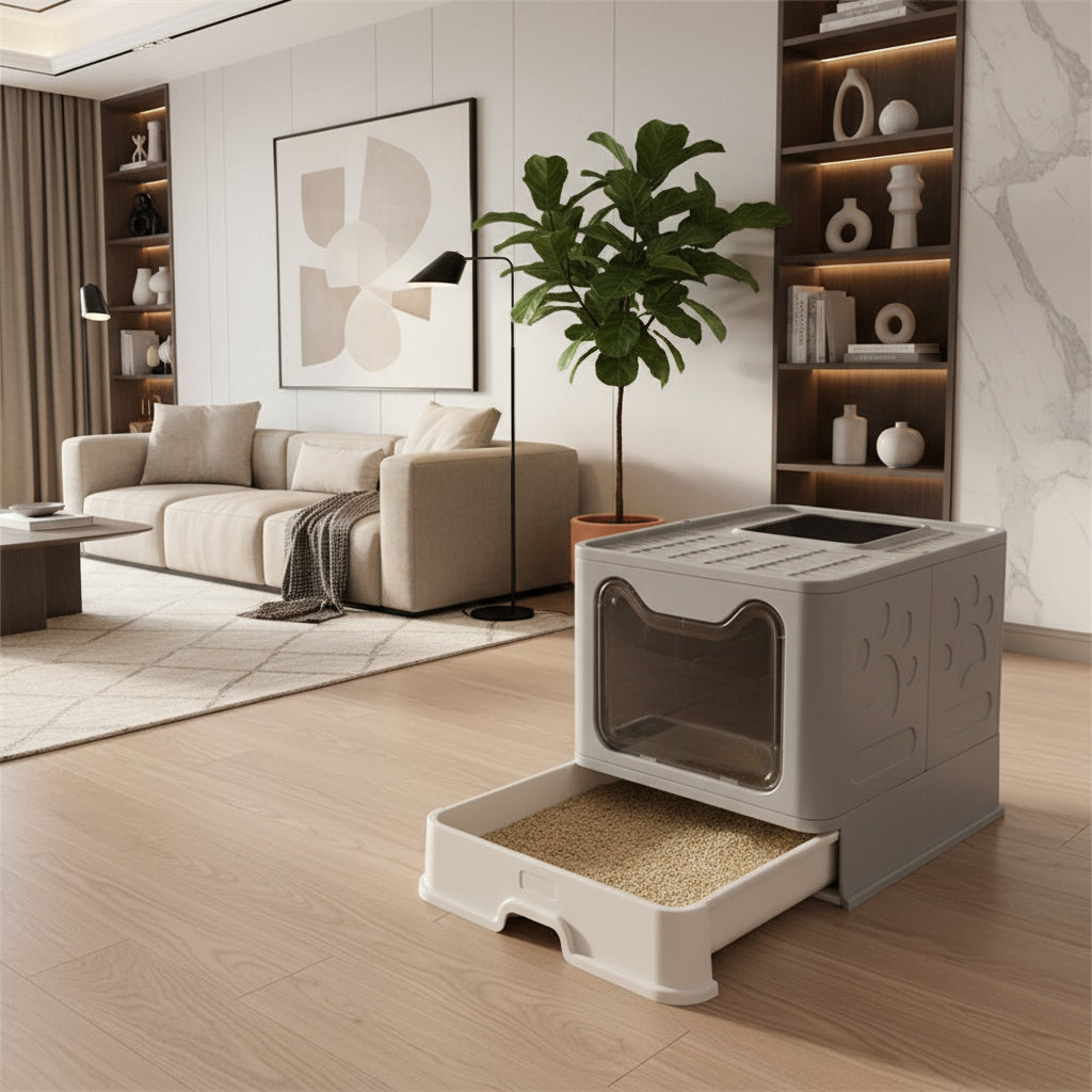 XXL Large Space Foldable Cat Litter Box with Front Entry & Top Exit with Tray