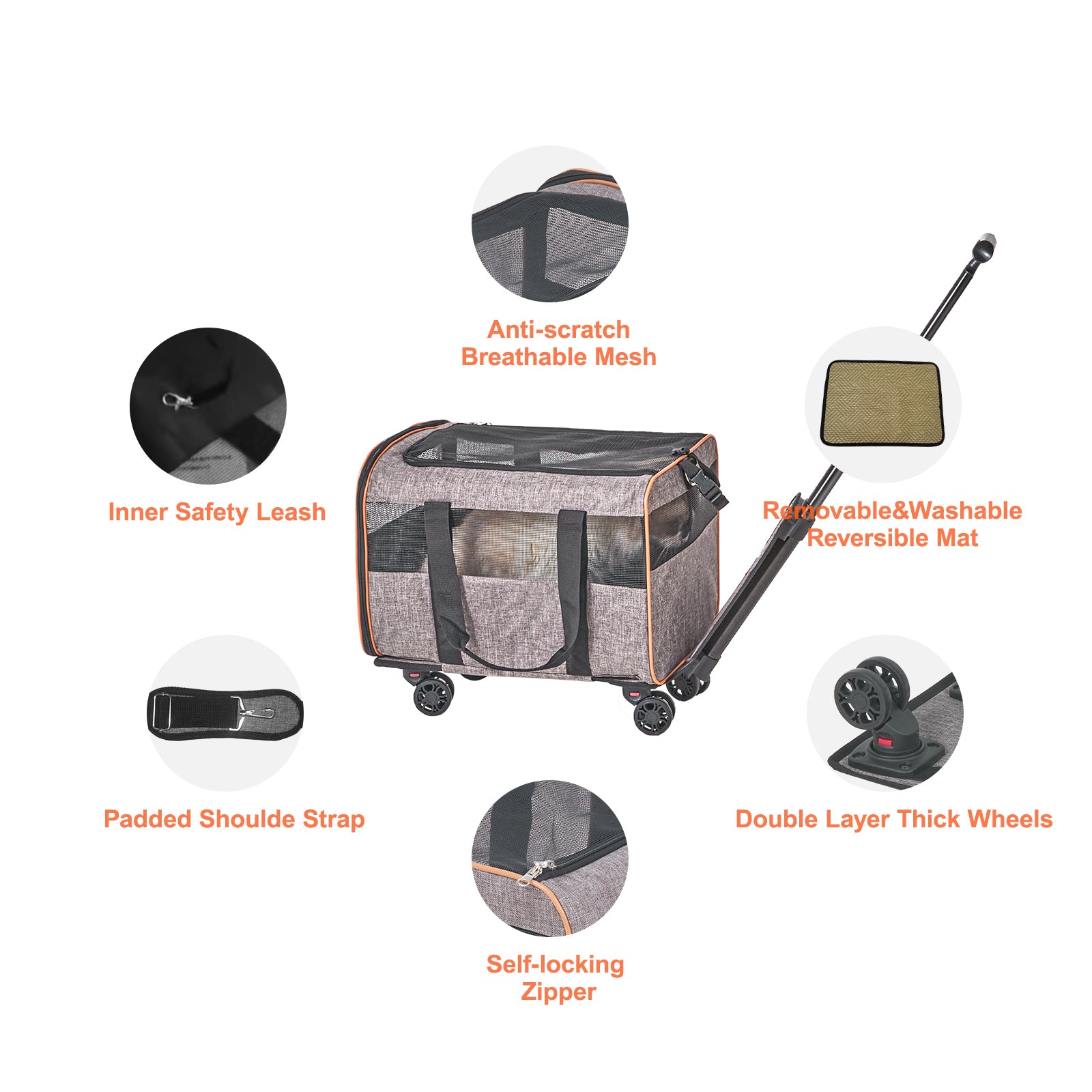 VEVOR Cat Carrier with Wheels, Airline Approved Rolling Pet Carrier with Telescopic Handle and Shoulder Strap, Dog Carrier with Wheels for Pets under 22 Lbs, with 1 Folding Bowl, Grey